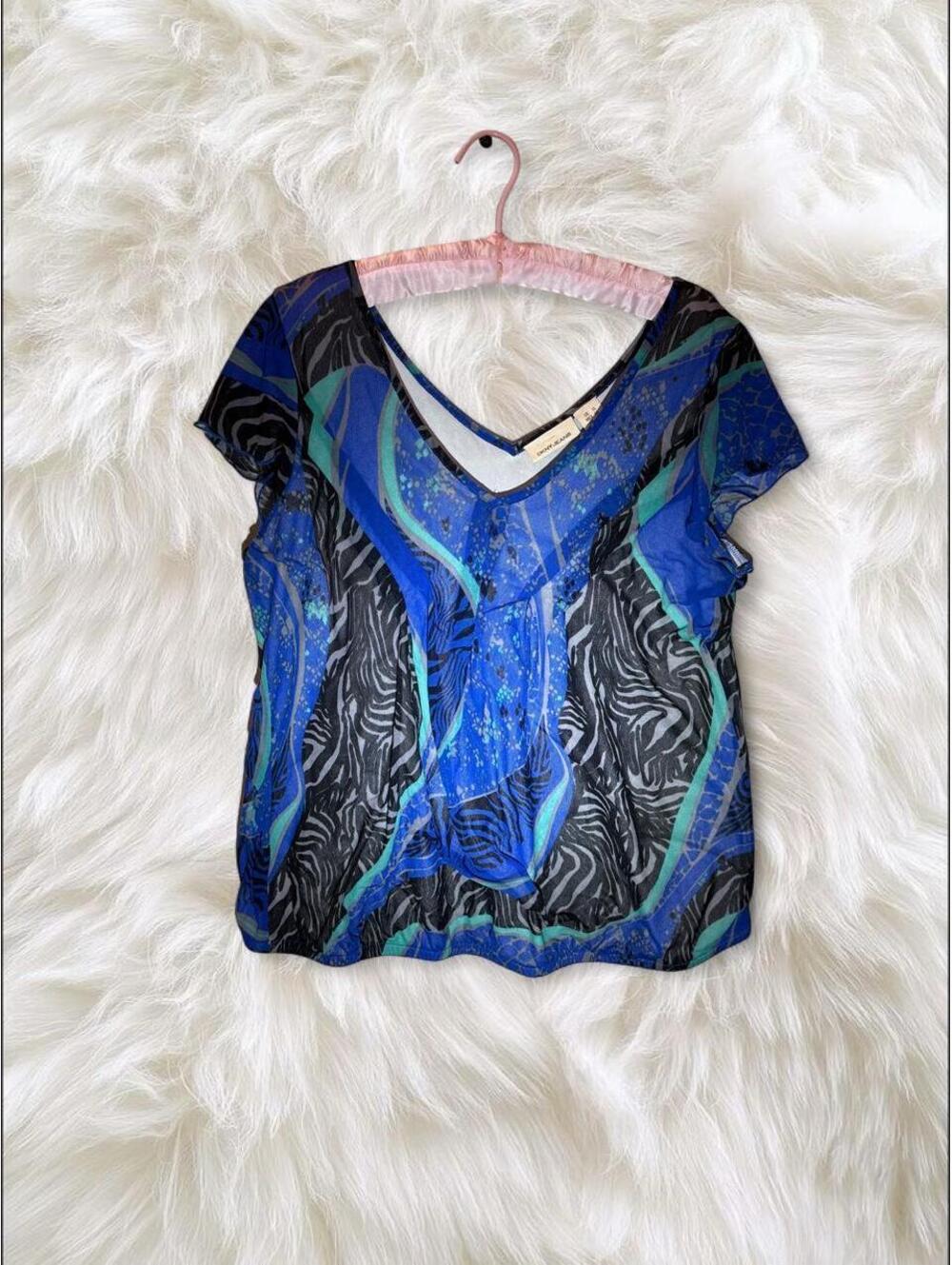 Y2K DKNY Sheer Abstract Cyber Print V-Neck.